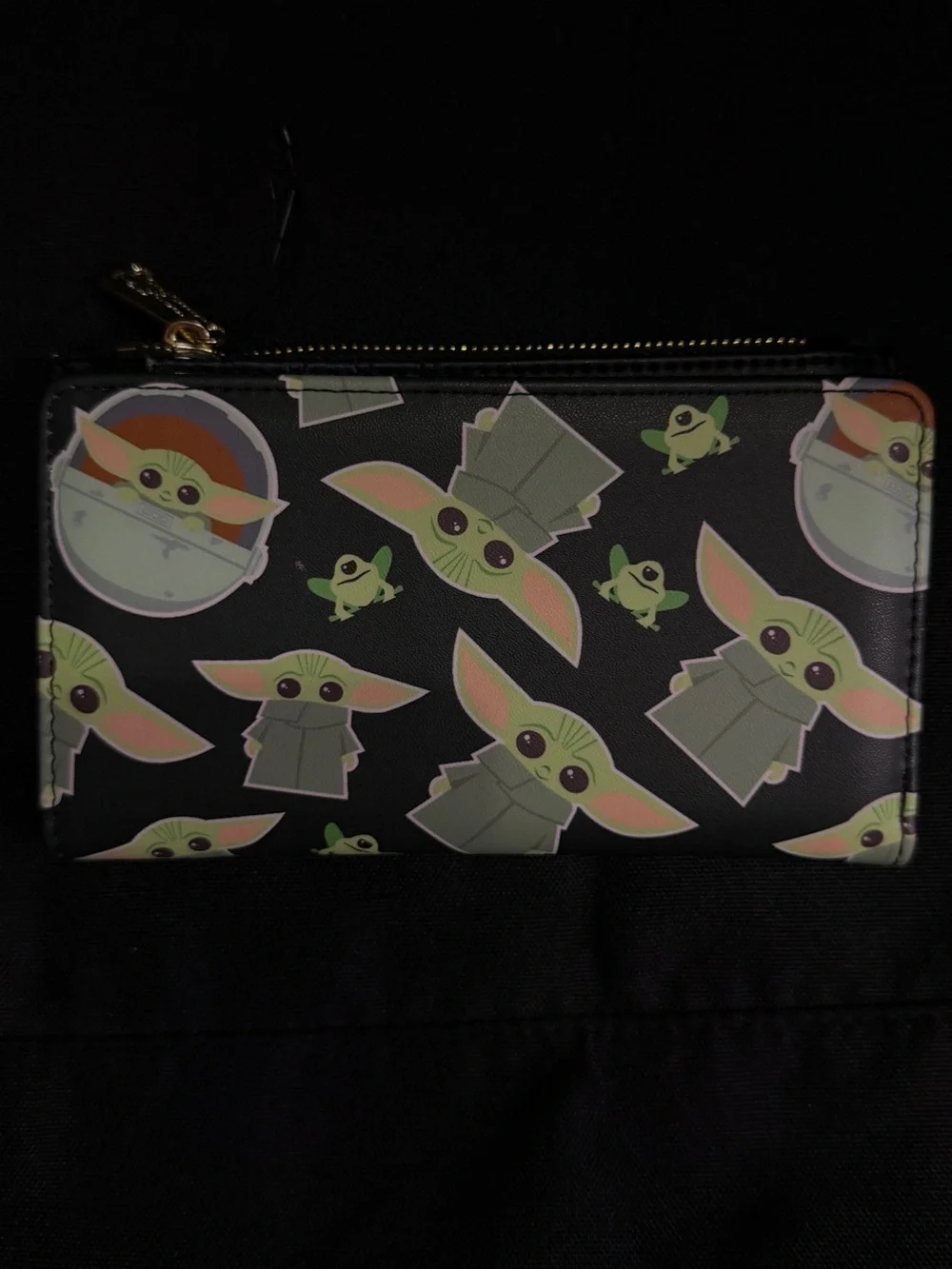 Loungefly Black Grogu Repeat Print Kids Zip Pouch with Gold Plate